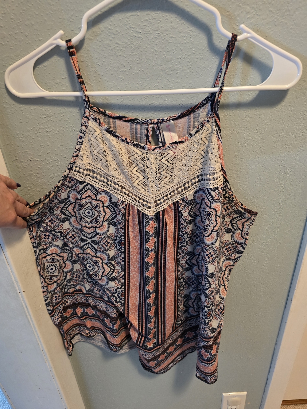 Boho Lace-Trim Floral Strappy Tank Top - Pink/Navy